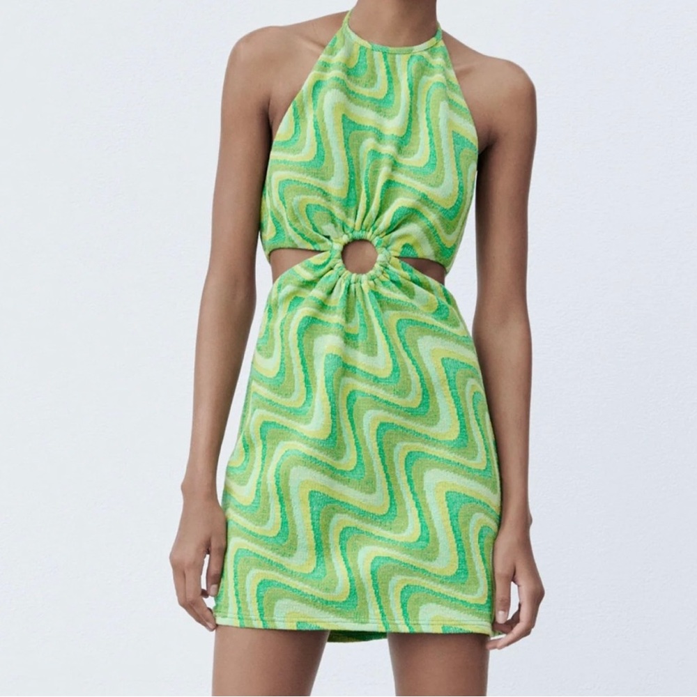 Green Zara Swirl Bodycon Halter Dress
